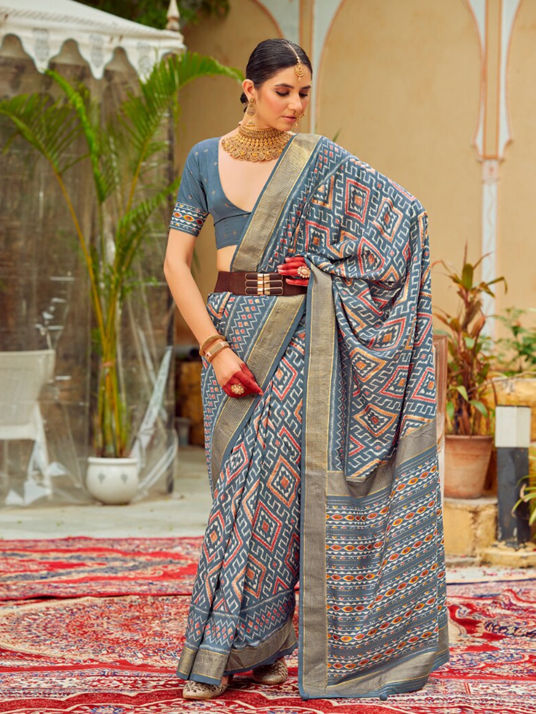 

Mitera Ethnic Motifs Printed Silk Cotton Bagh Saree, Grey