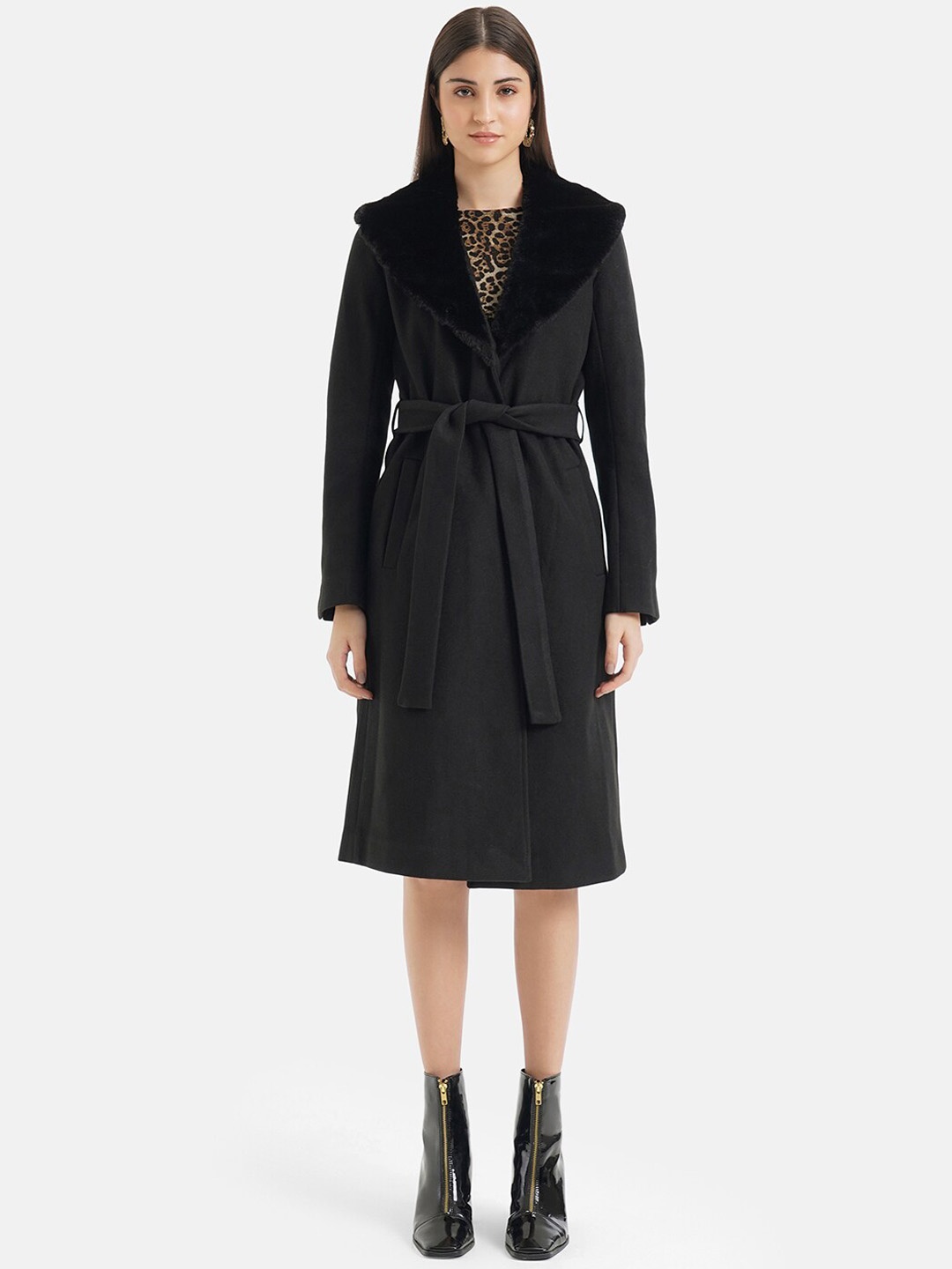 

Kazo Spread Fur Collar Trench Coat With Belt, Black