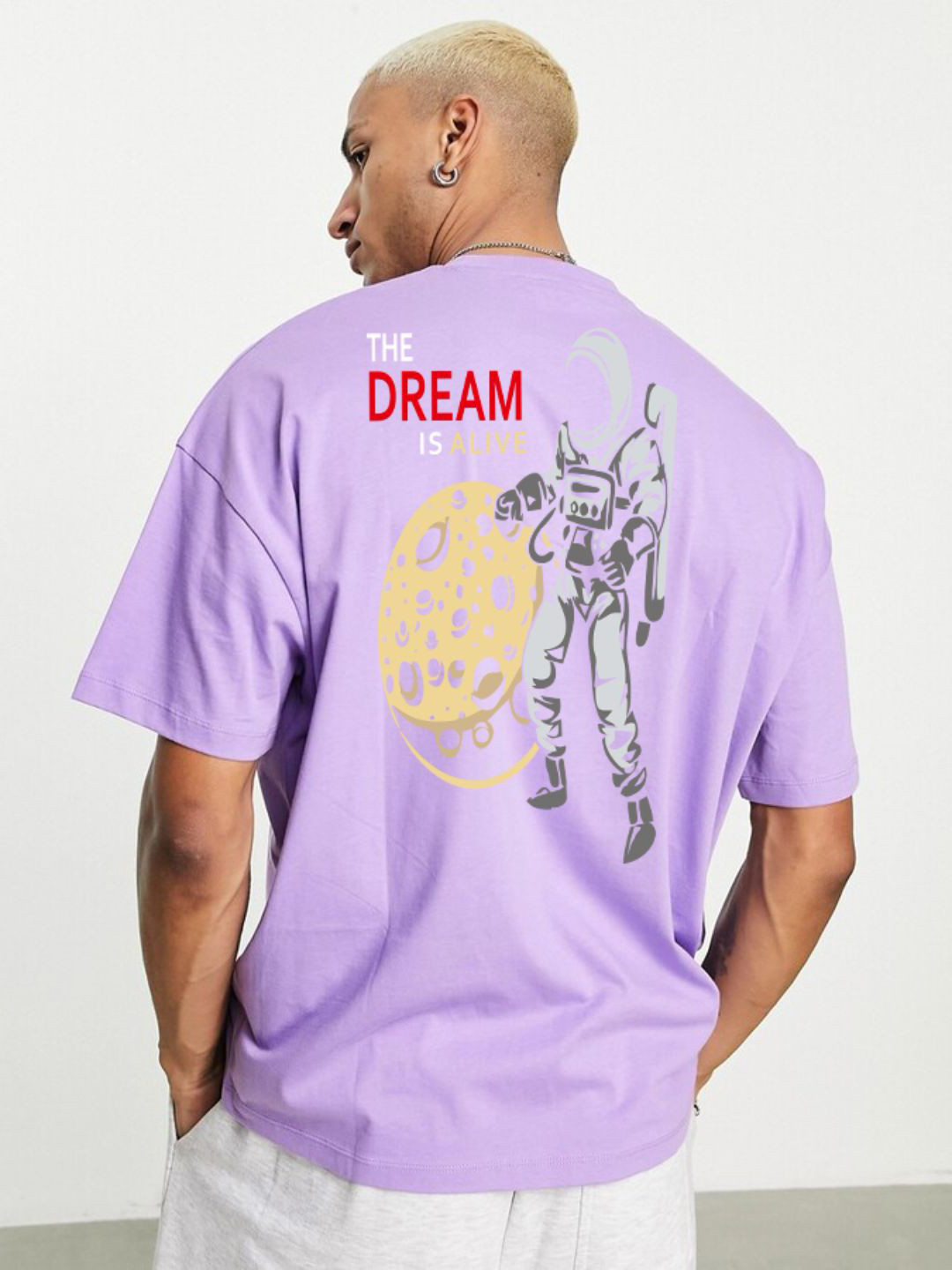 

Imsa Moda Graphic Printed Drop-Shoulder Sleeves Cotton Oversized Longline T-shirt, Lavender