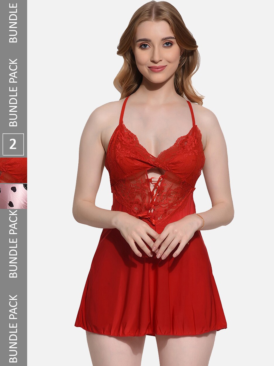 

FIMS Pack Of 2 Shoulder Straps Halter Neck Baby Doll, Red