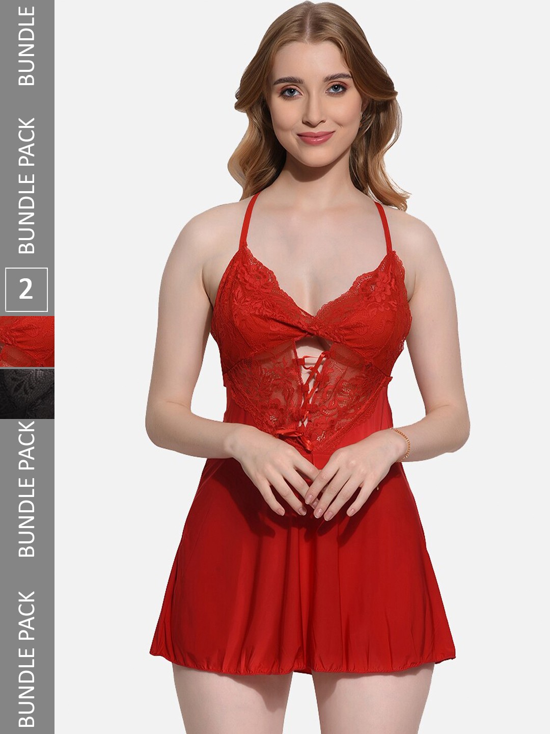 

FIMS Pack Of 2 Self Designed Halter Neck Baby Doll, Red