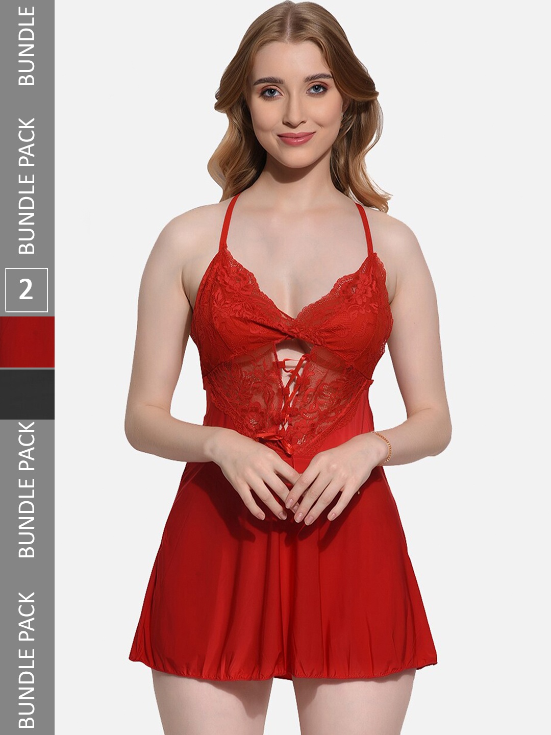 

FIMS Pack Of 2 Self Design Shoulder Straps Net Baby Doll, Red