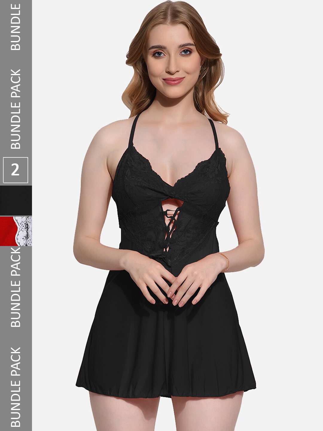 

FIMS Pack Of 2 Self-Design Halter Neck Baby Doll, Black