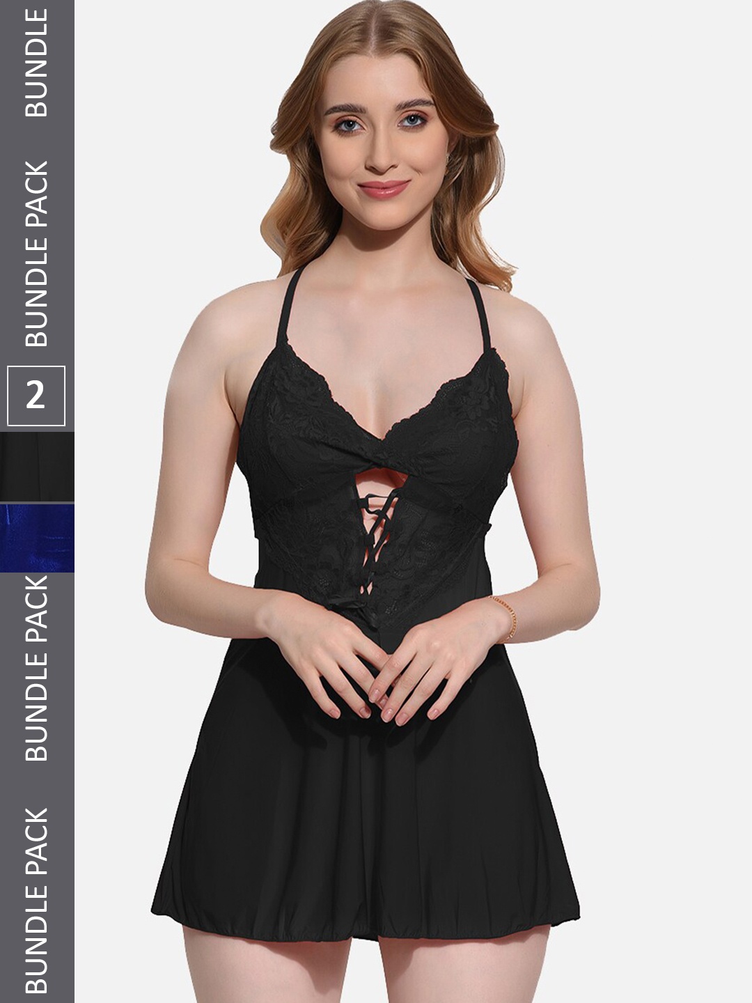 

FIMS Pack Of 2 Self Designed Halter Neck Baby Doll, Black