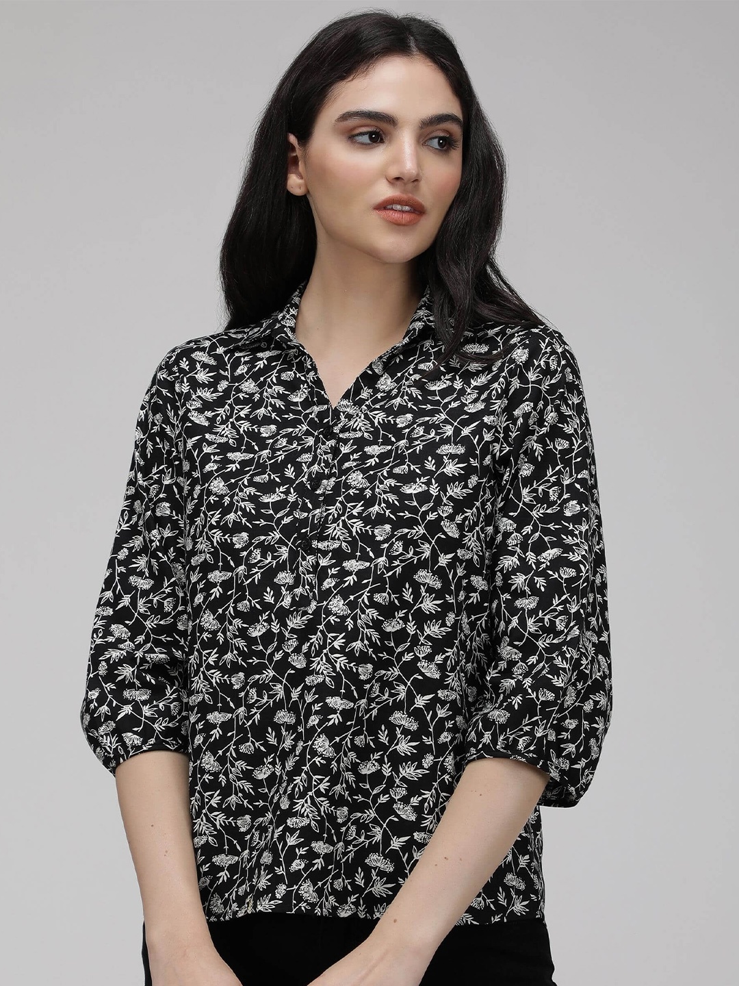 

IDK Floral Printed Spread Collar Puff Sleeves Cotton Casual Shirt, Black