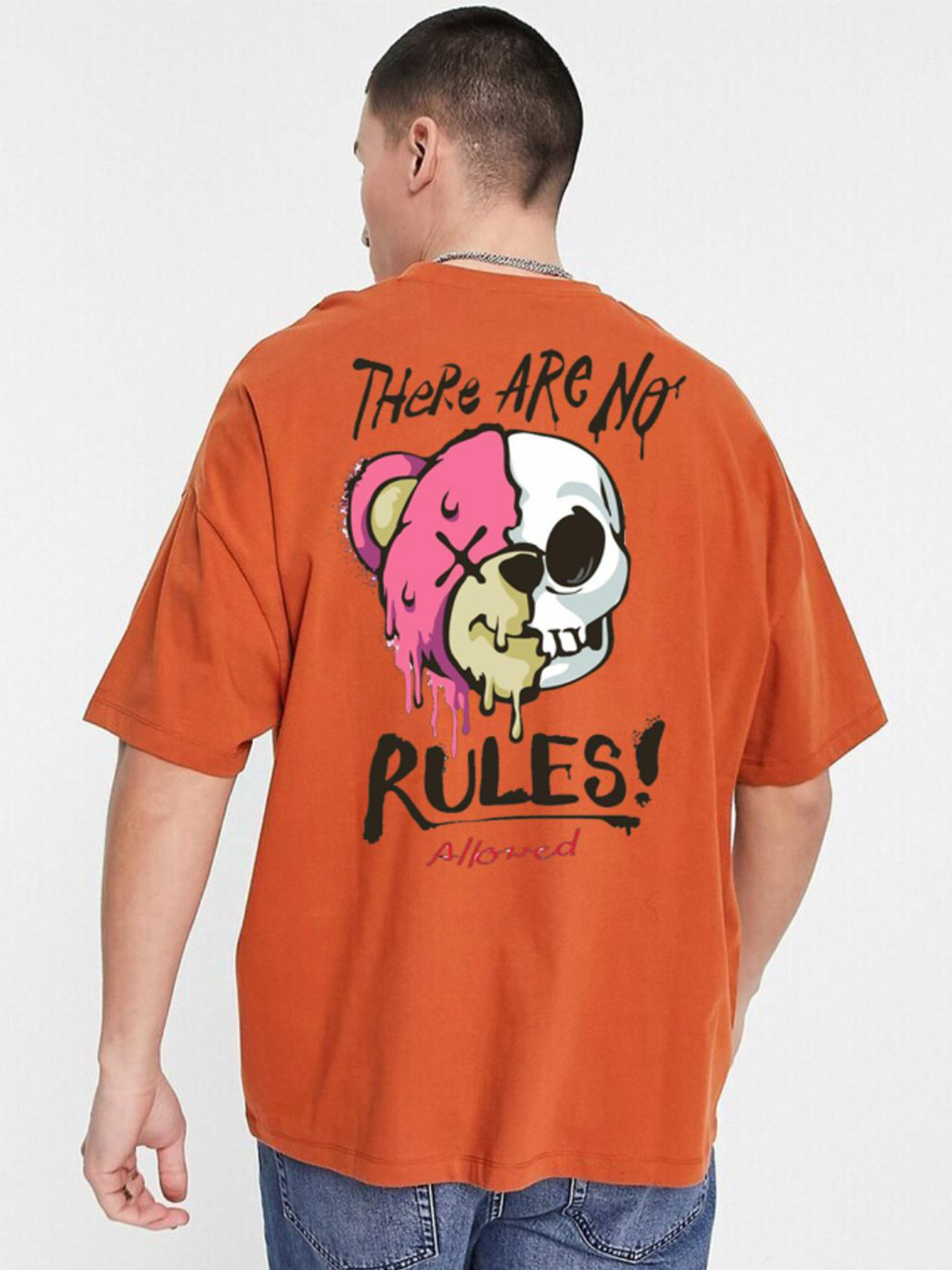 

Imsa Moda Graphic Printed Drop-Shoulder Sleeves Cotton Longline Oversized T-shirt, Orange