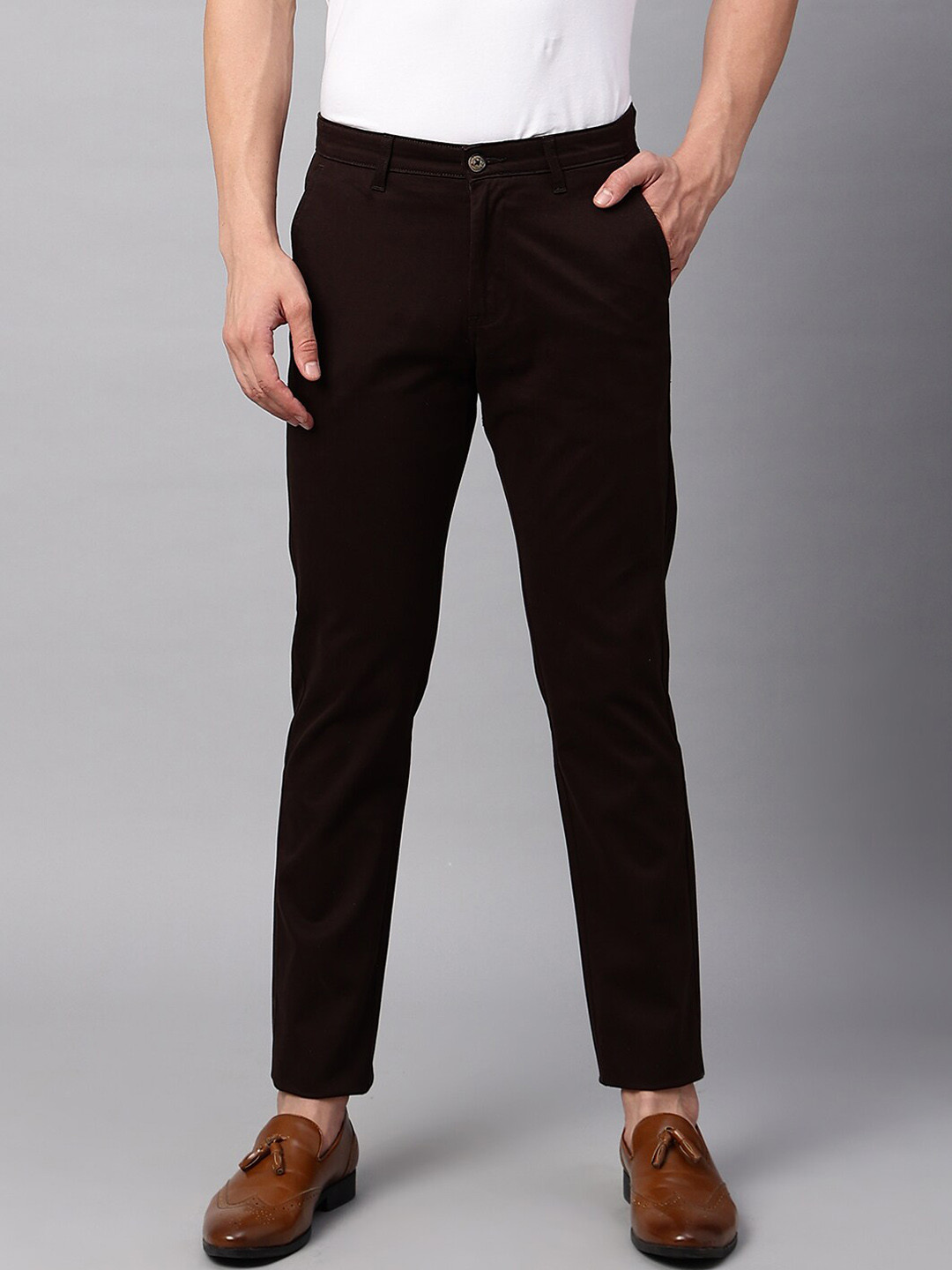 

Blue Buddha Men Slim Fit Cotton Chinos Trousers, Brown