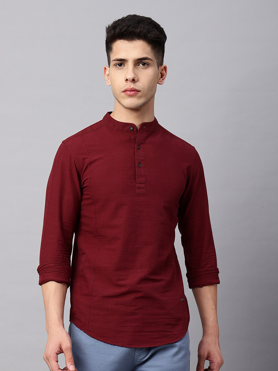 

Blue Buddha Cotton Band Collar Kurtas, Maroon