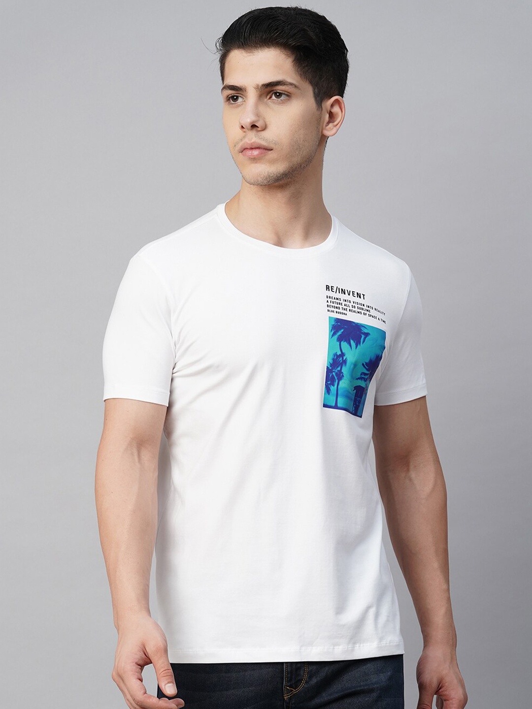 Blue Buddha Tropical Printed Cotton T-shirt, White
