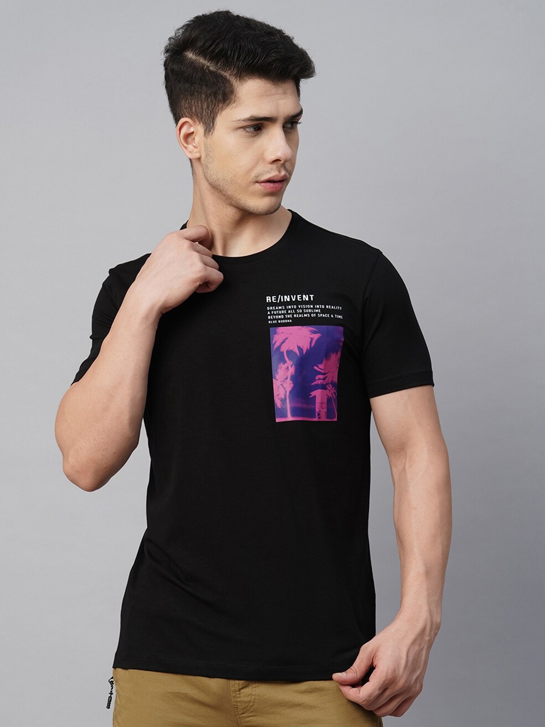 Blue Buddha Graphic Printed Cotton T-shirt, Black
