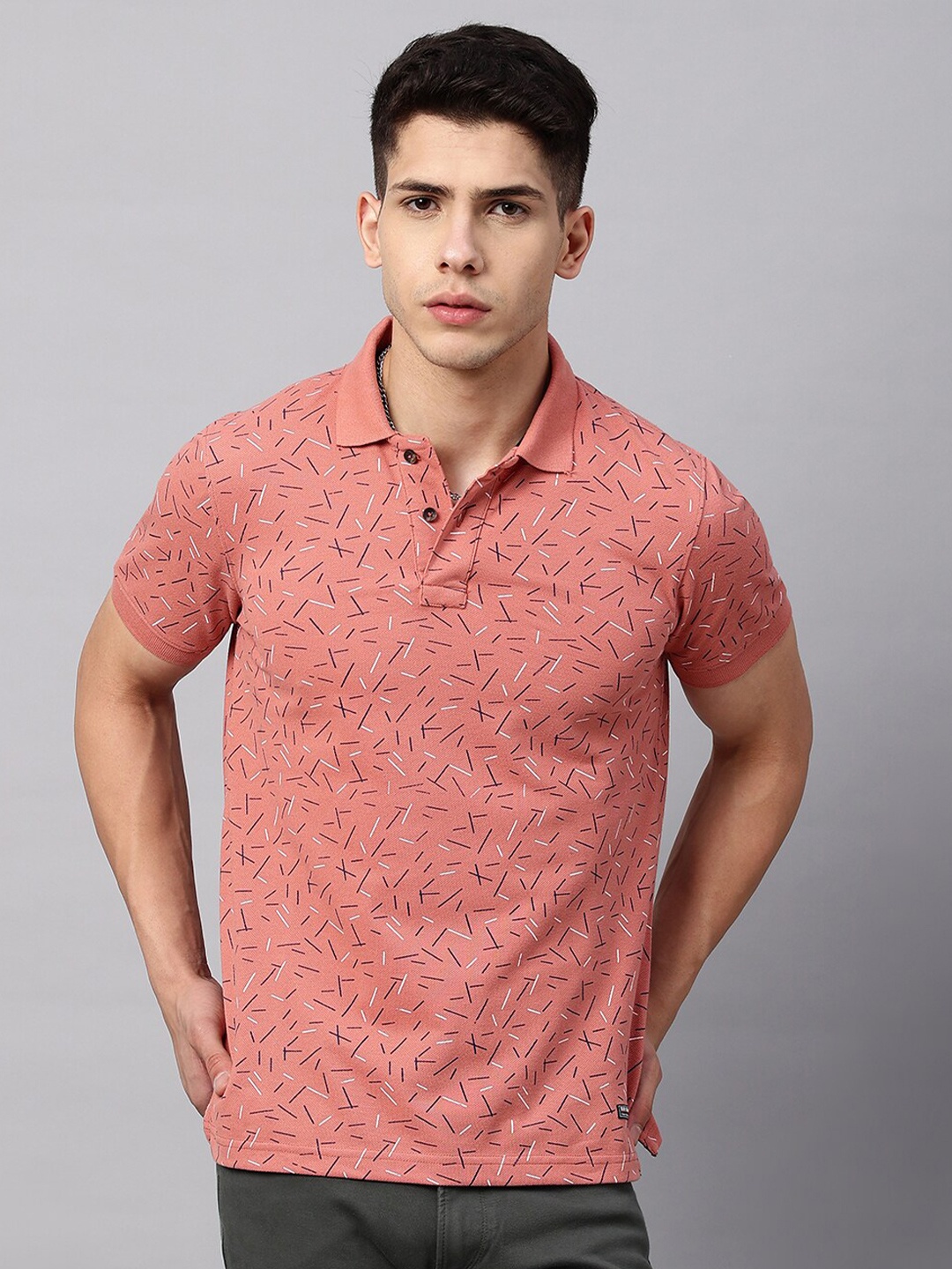 

Blue Buddha Abstract Printed Polo Collar Cotton T-shirt, Peach