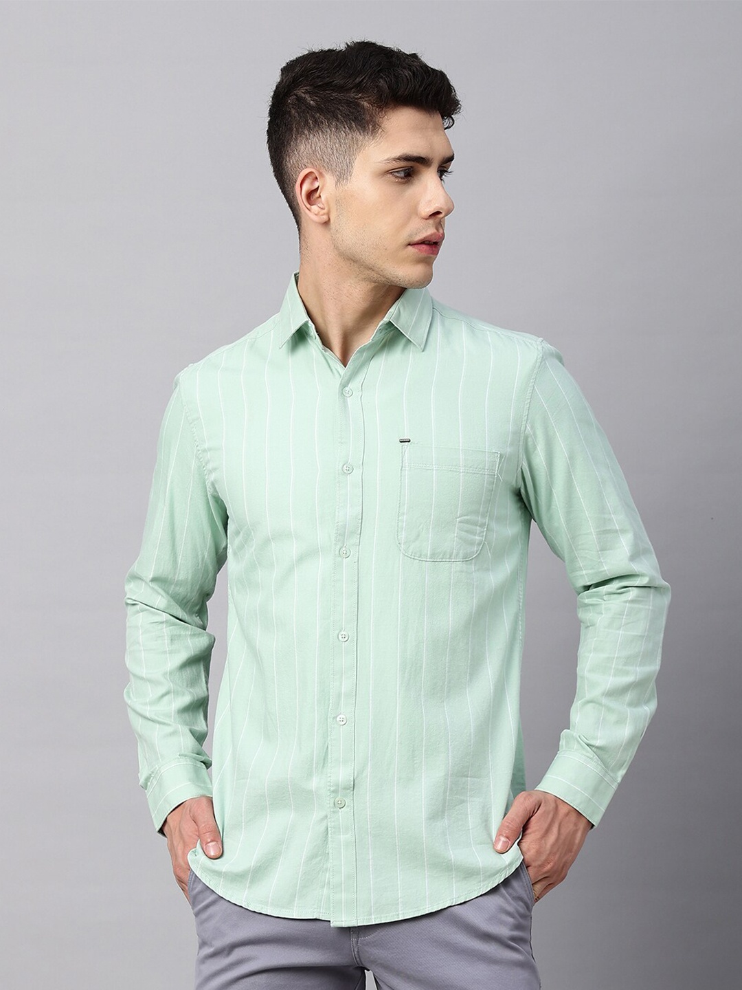 

Blue Buddha Vertical Striped Cotton Casual Shirt, Green