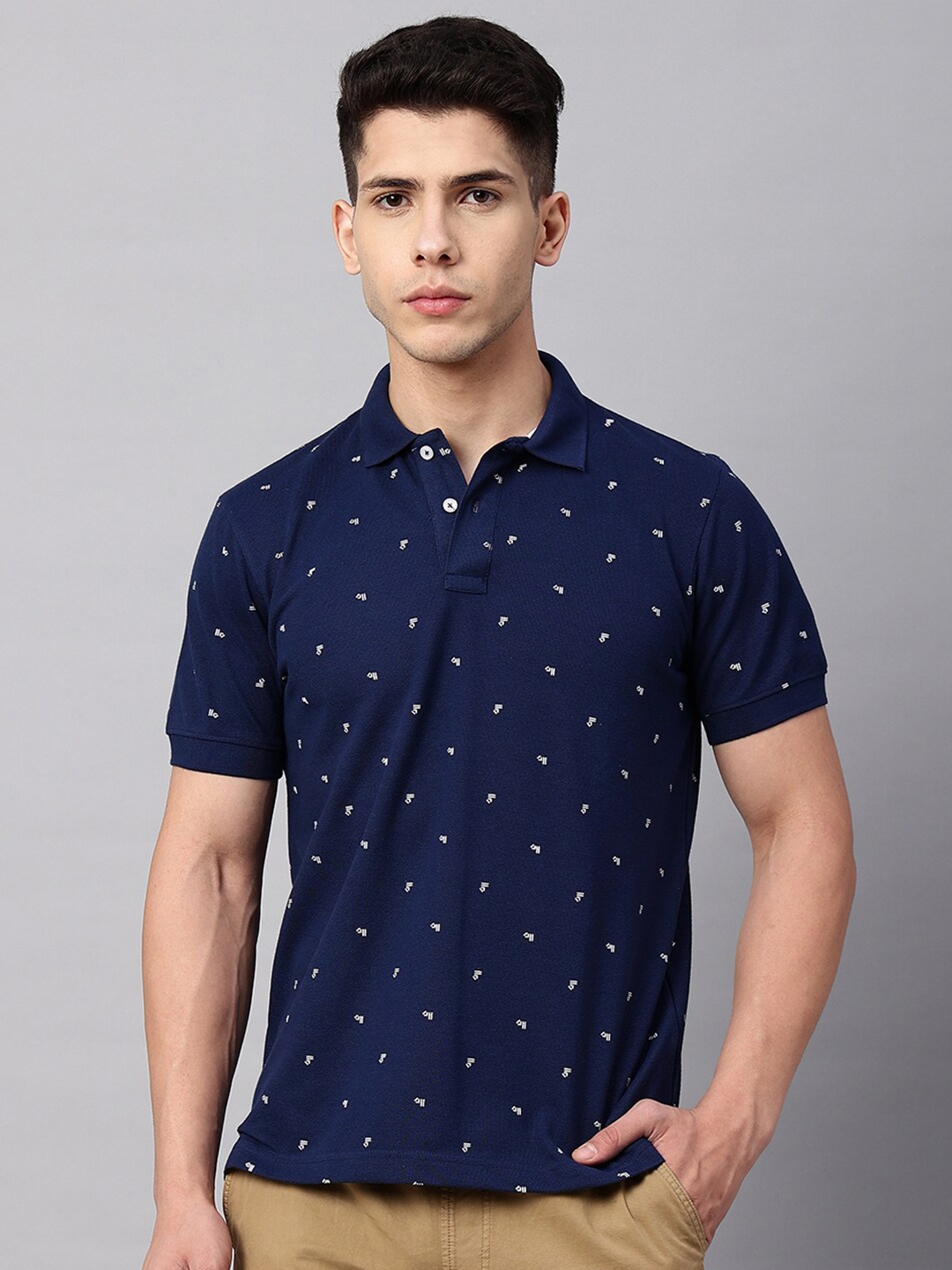 

Blue Buddha Conversational Printed Polo Collar Cotton T-shirt, Navy blue