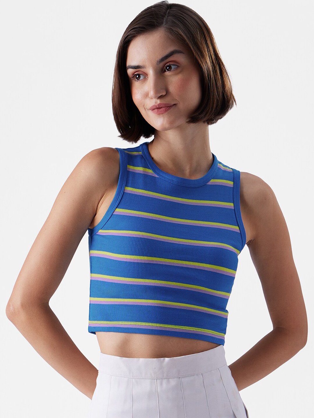 

The Souled Store Striped Pure Cotton Crop Top, Blue