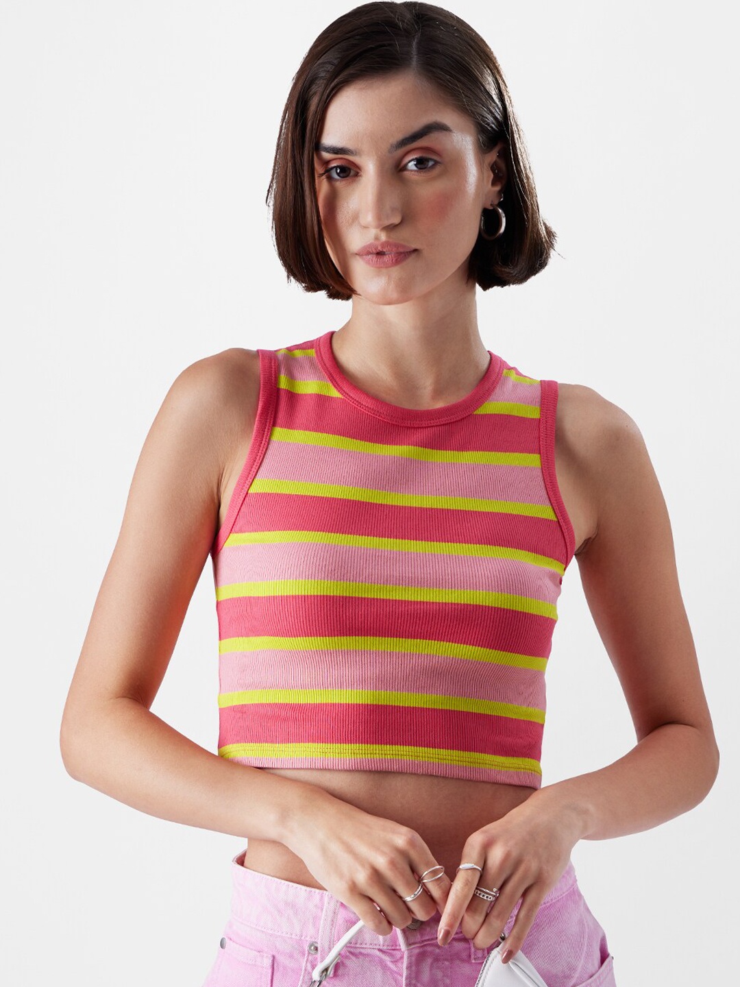 

The Souled Store Pure Cotton Striped Tank Crop Top, Pink