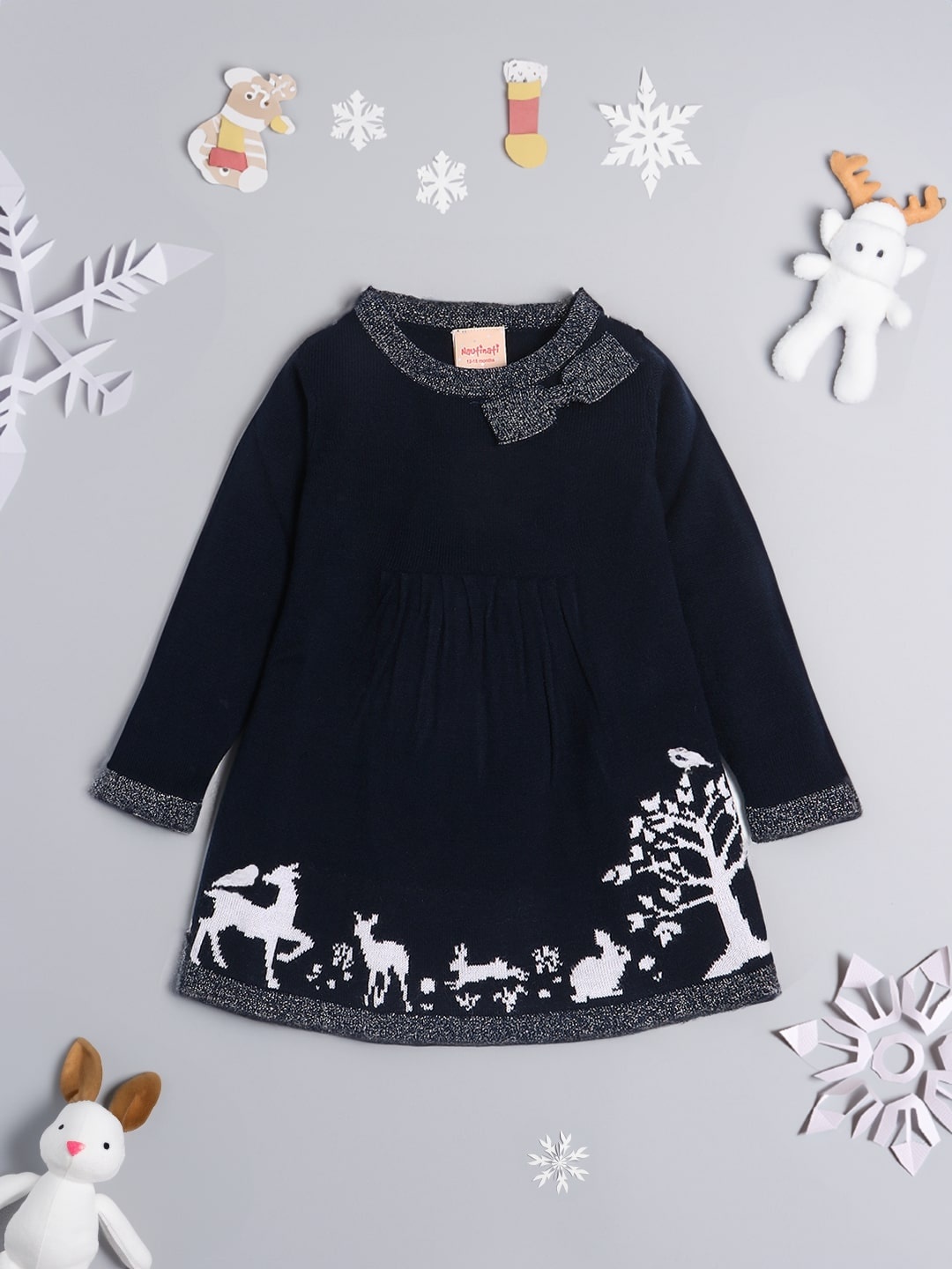 

Nauti Nati Girls Printed Acrylic Sweater Dress With Bow Detail, Navy blue
