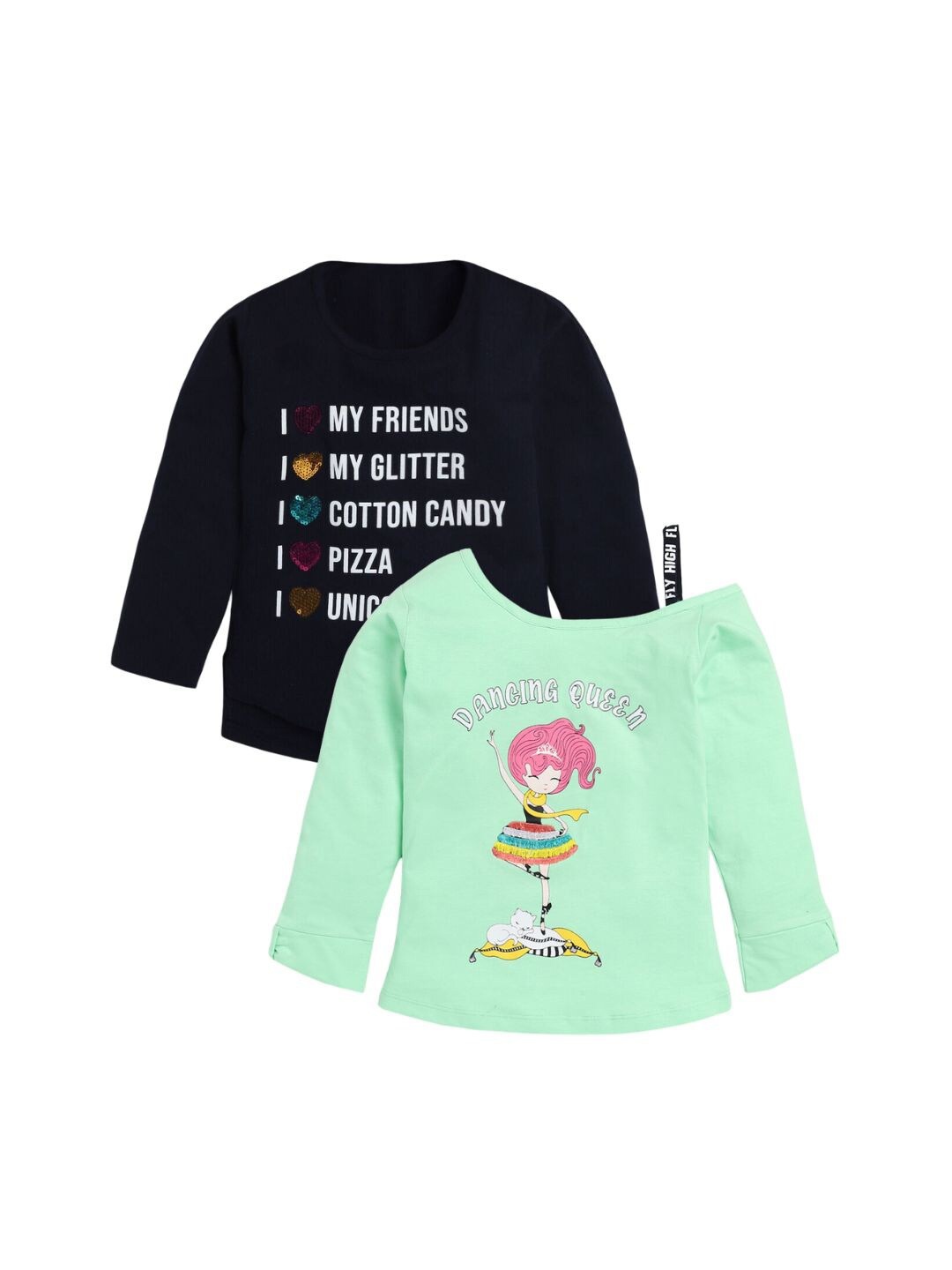 YK Girls Pack Of 2 Typography Printed Cotton T-shirts, Navy blue