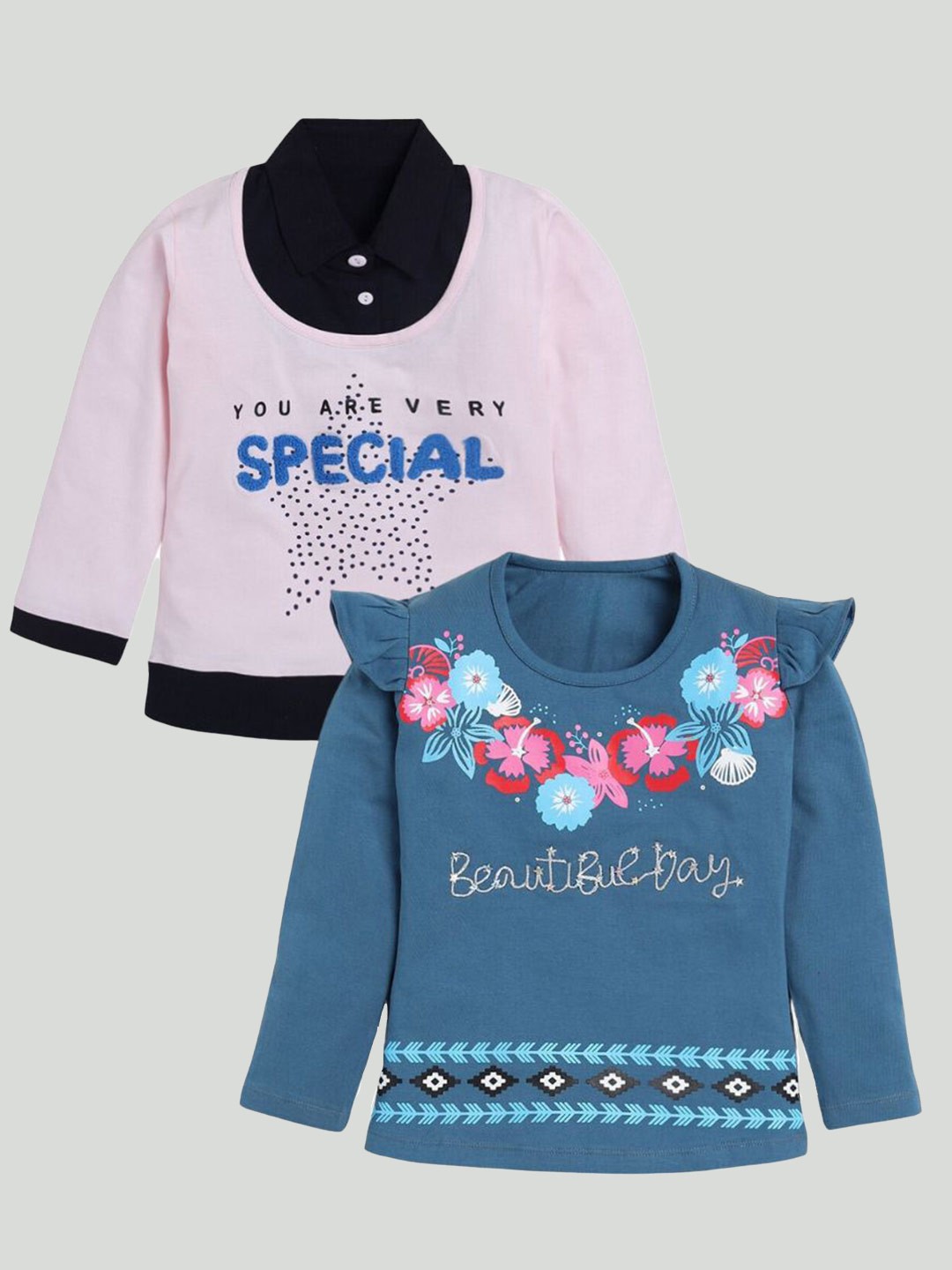 

YK Girls Pack Of 2 Printed Round Neck Pure Cotton T-shirt, Blue