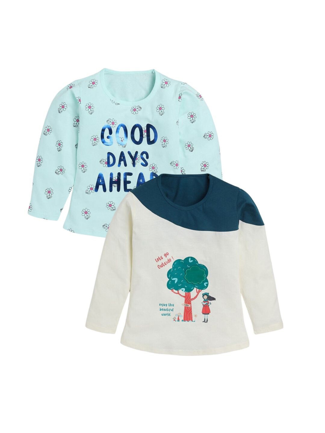 

YK Girls Pack Of 2 Typography Printed Pure Cotton T-shirt, Green