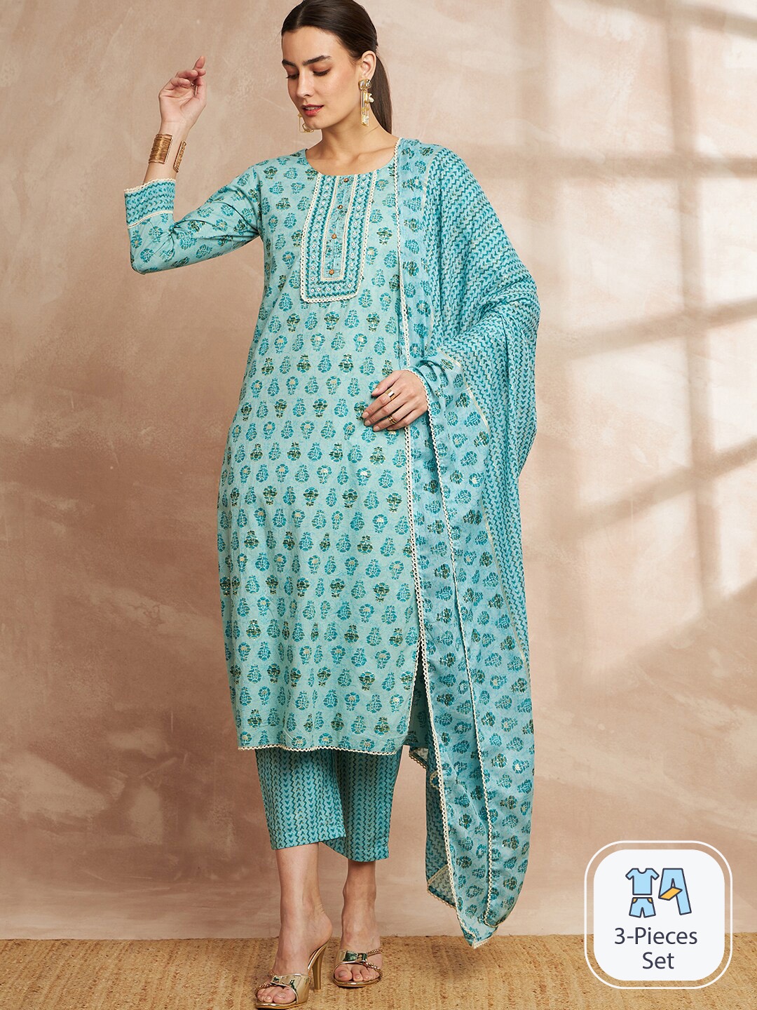 

all about you Printed Thread Work Sequined Pure Cotton Kurta with Trousers & Dupatta, Turquoise blue