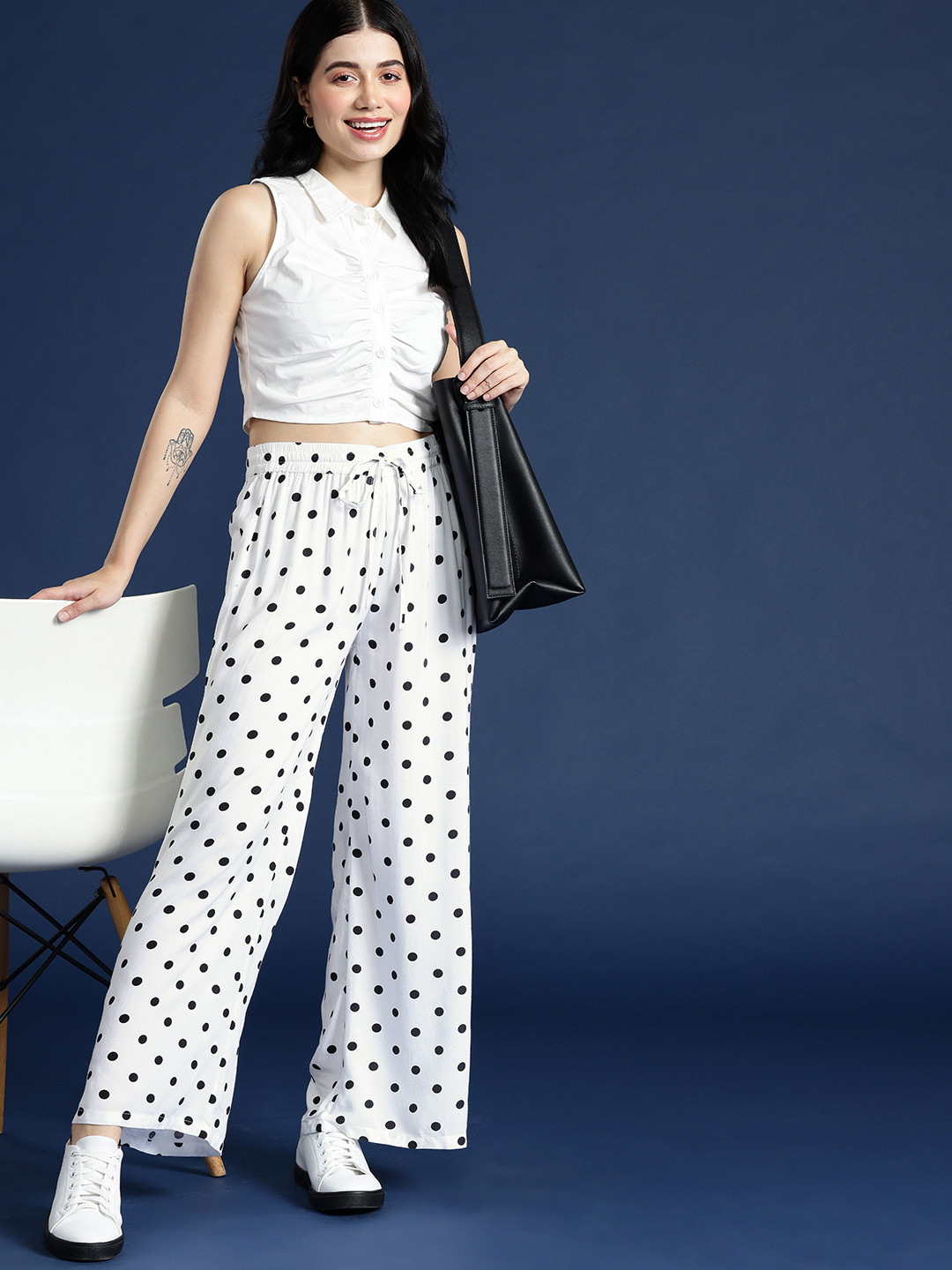 

Mast & Harbour Women Polka Dot Printed Flared Knitted Palazzos, White