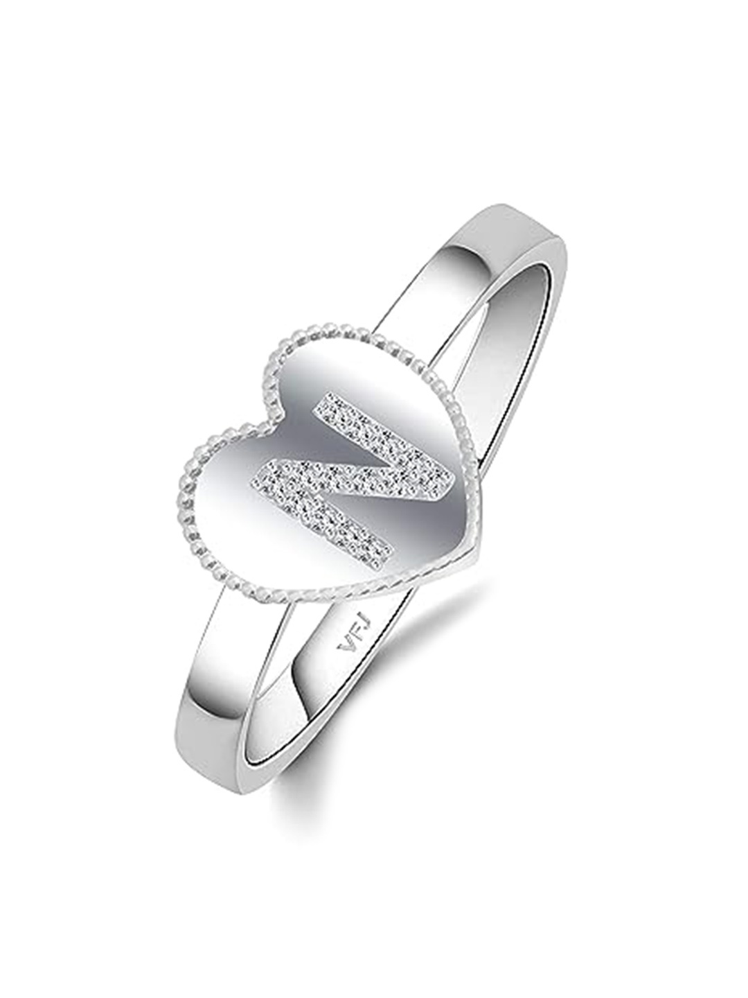 

Vighnaharta Rhodium-Plated CZ-Stone Studded N Letter Heart-Shaped Finger Ring, Silver