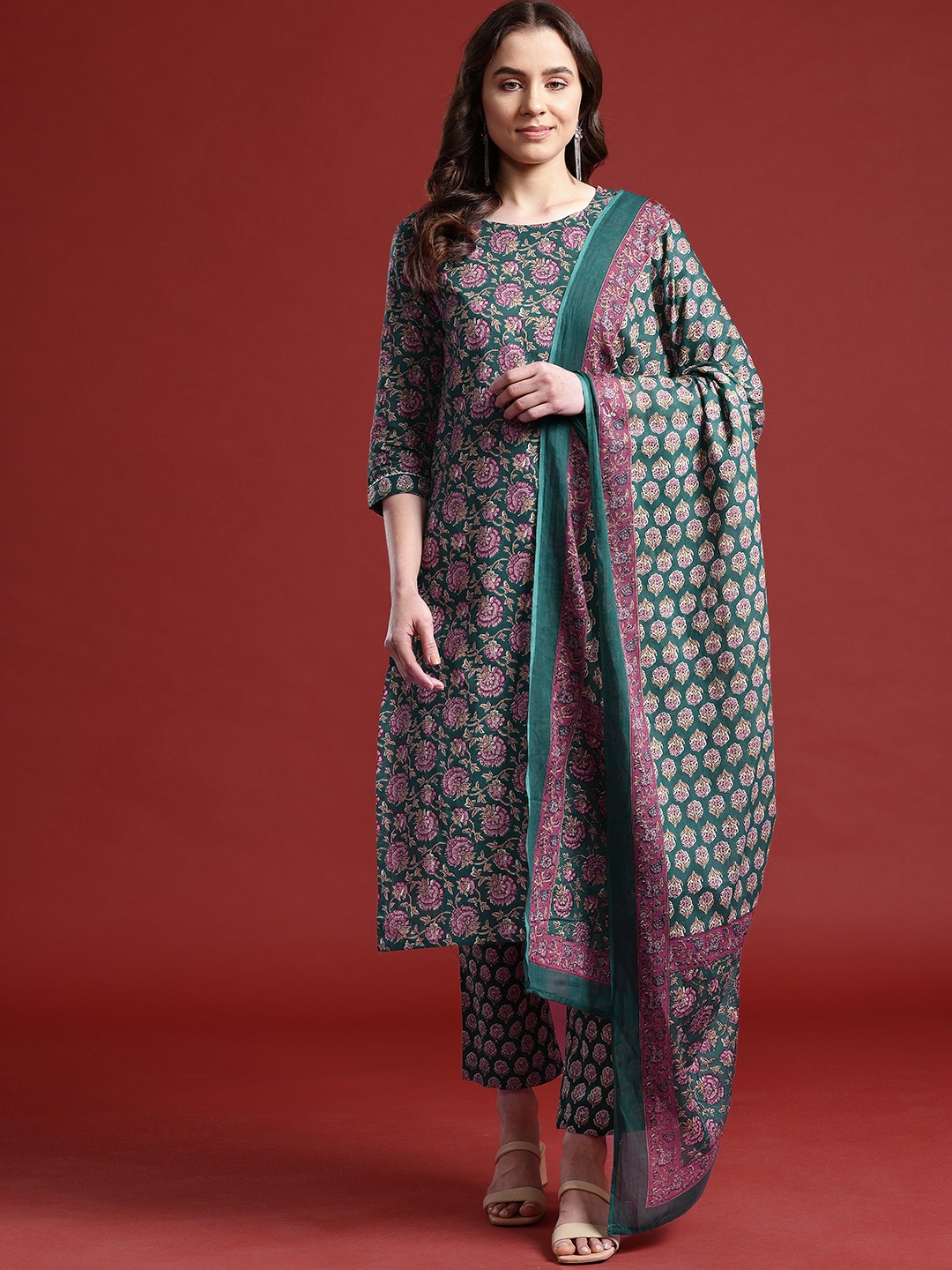 

Anouk Floral Print Pure Cotton Kurta with Trousers & Dupatta, Green