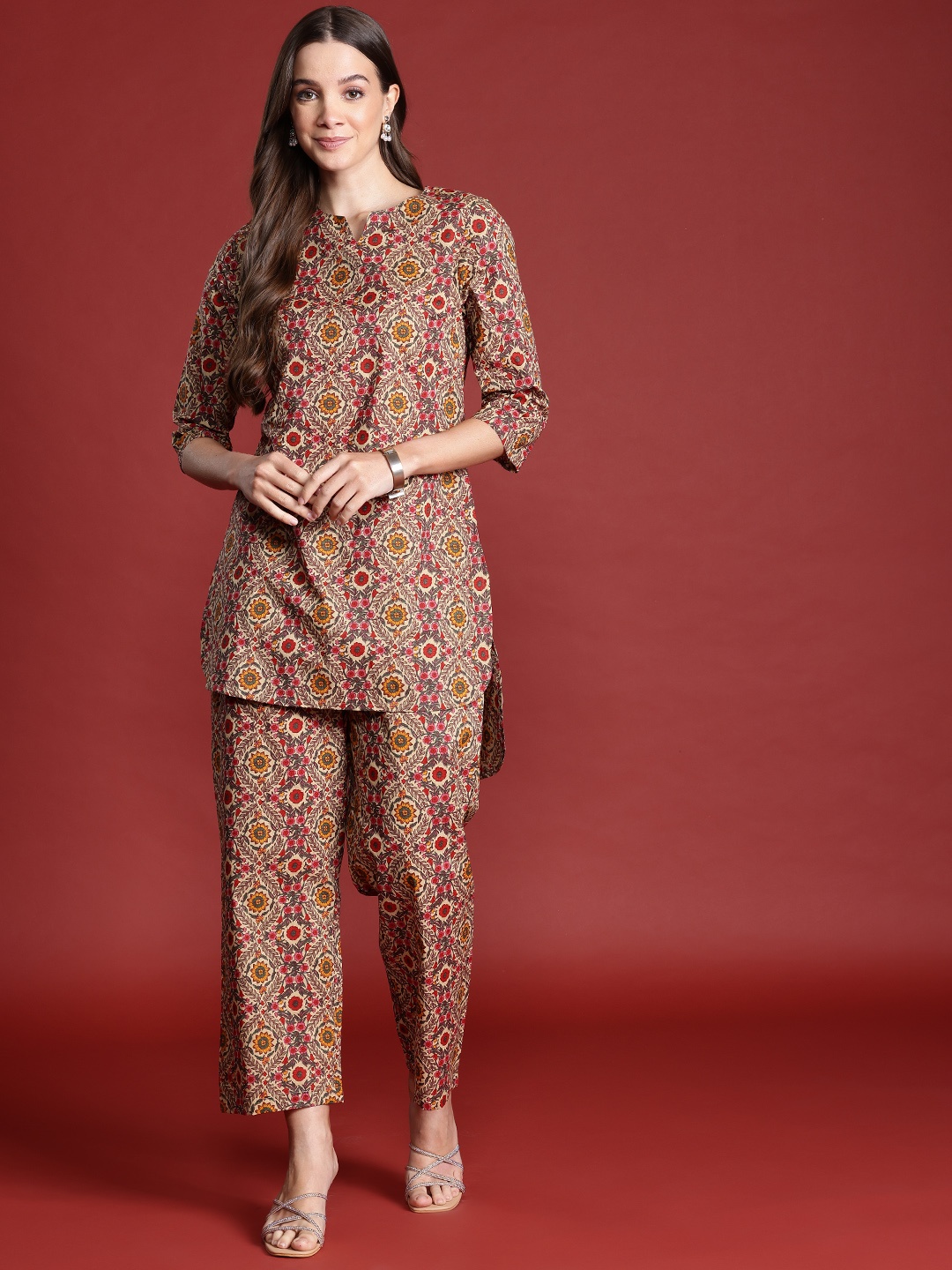 

Anouk Floral Print Pure Cotton High-Low Kurta with Trousers, Beige