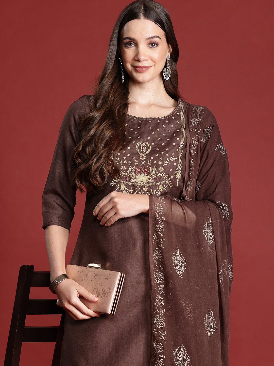 

Anouk Yoke Design Kurta with Trousers & Dupatta, Brown