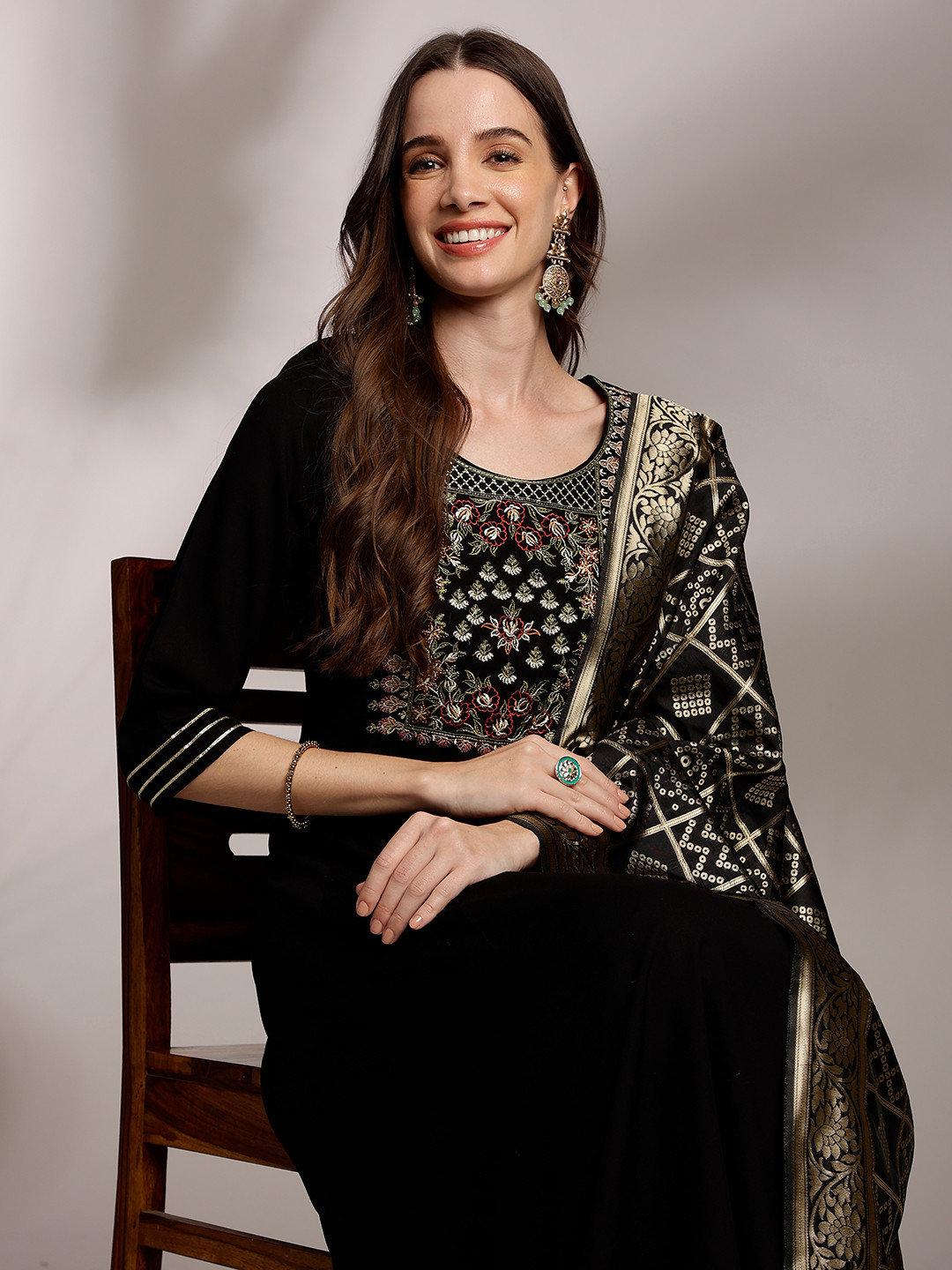 

Anouk Women Ethnic Motifs Embroidered Kurta with Trousers & Dupatta, Black