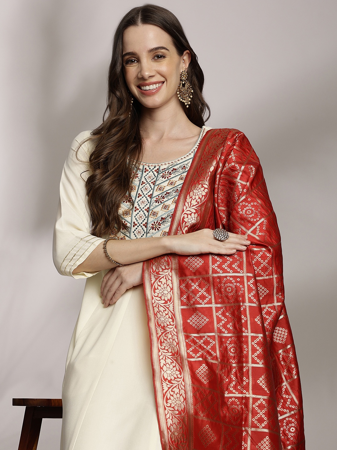 Anouk Women Floral Embroidered Kurta with Trousers & Dupatta, Cream