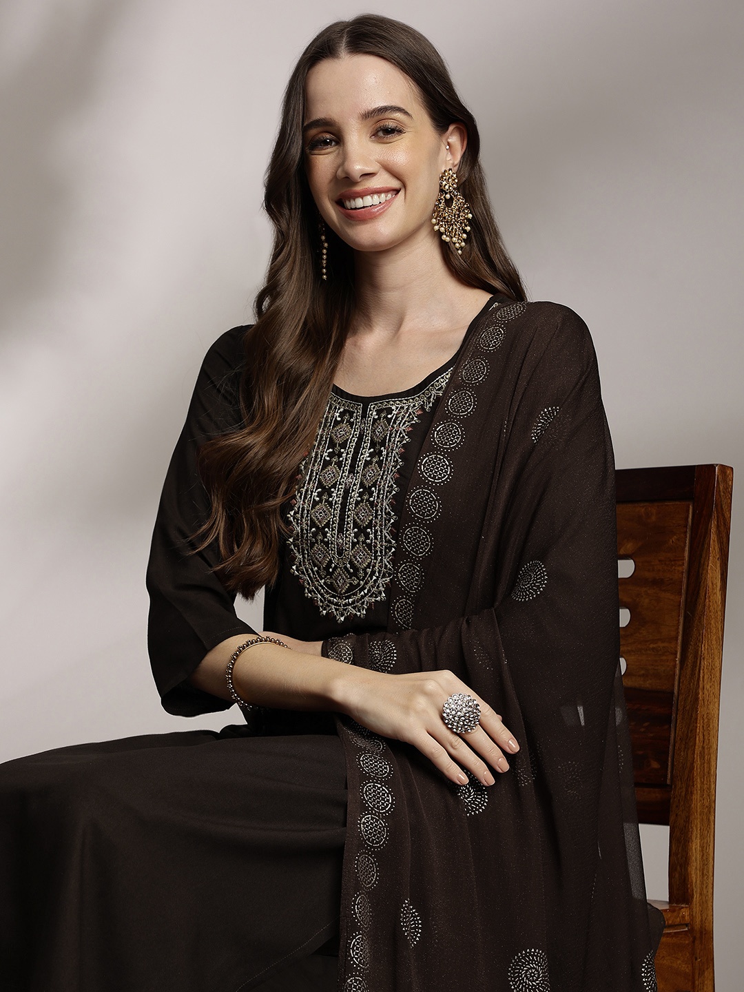 

Anouk Women Ethnic Motifs Embroidered Kurta with Trousers & Dupatta, Brown