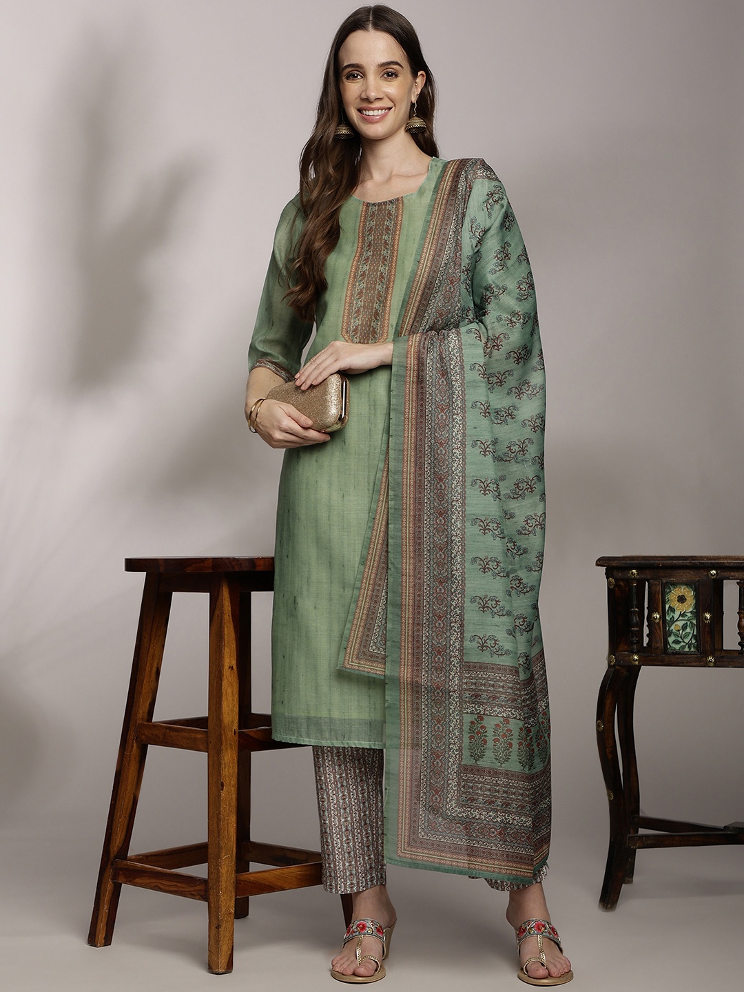 

Anouk Women Ethnic Motifs Printed Kurta with Trousers & Dupatta, Green