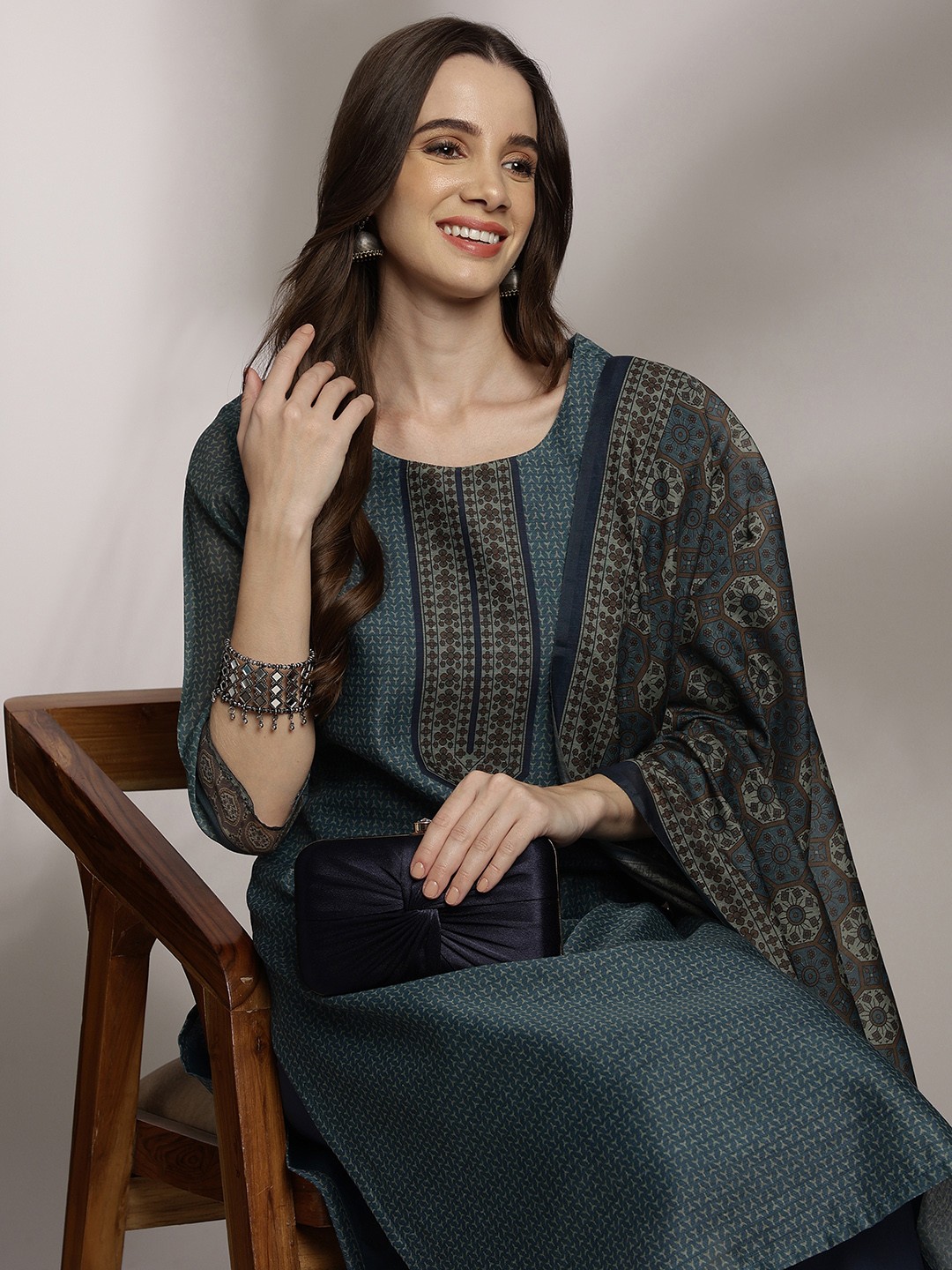 Anouk Women Ethnic Motifs Printed Kurta with Trousers & Dupatta, Teal