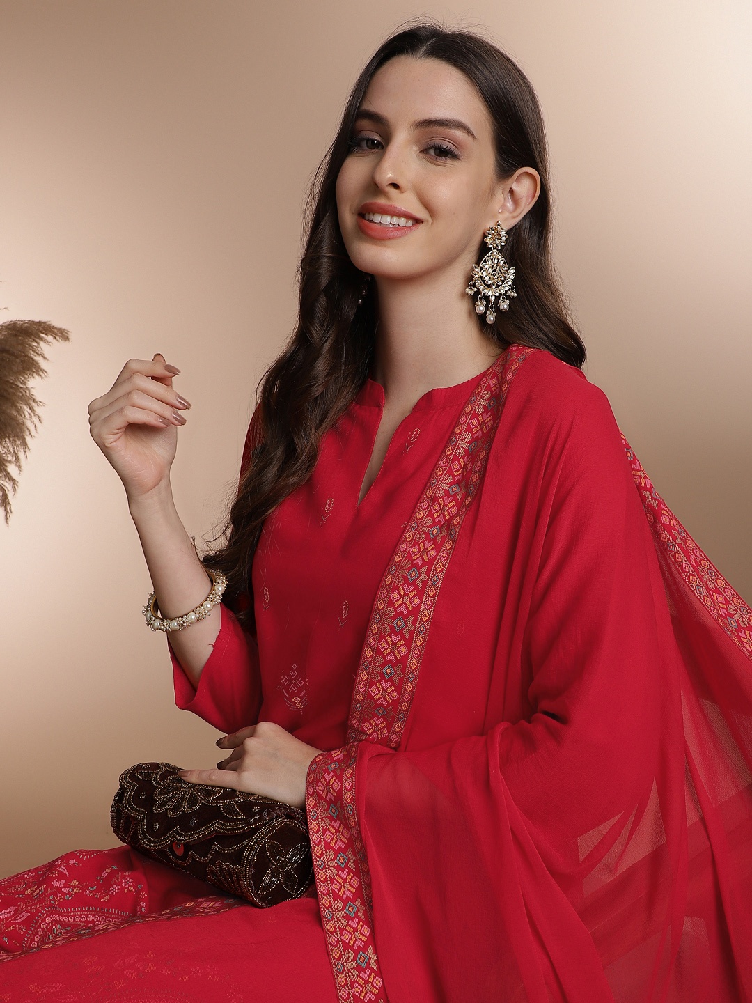 

Anouk Ethnic Motifs Printed Straight Kurta With Trousers & Dupatta, Red