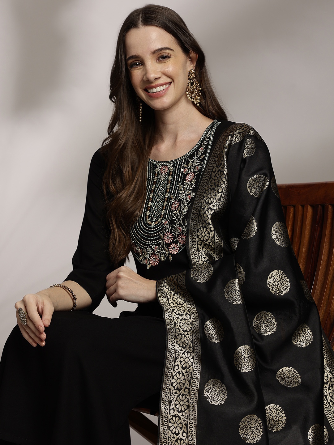 

Anouk Women Embroidered Kurta with Trousers & Dupatta, Black