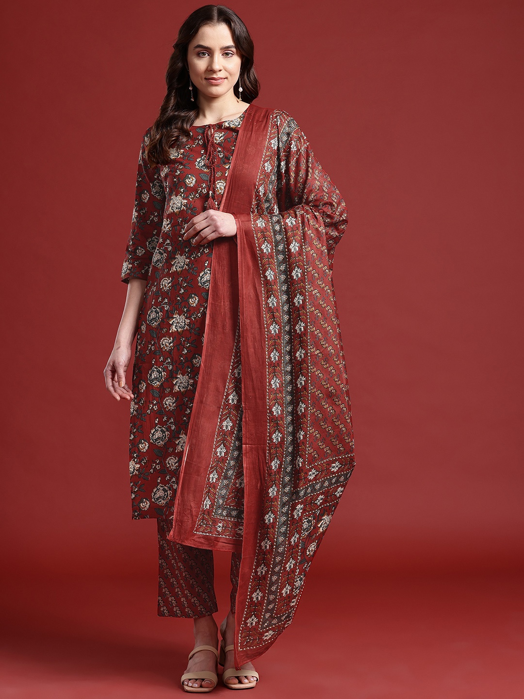 

Anouk Women Ethnic Motifs Printed Pure Cotton Kurta with Trousers & Dupatta, Red