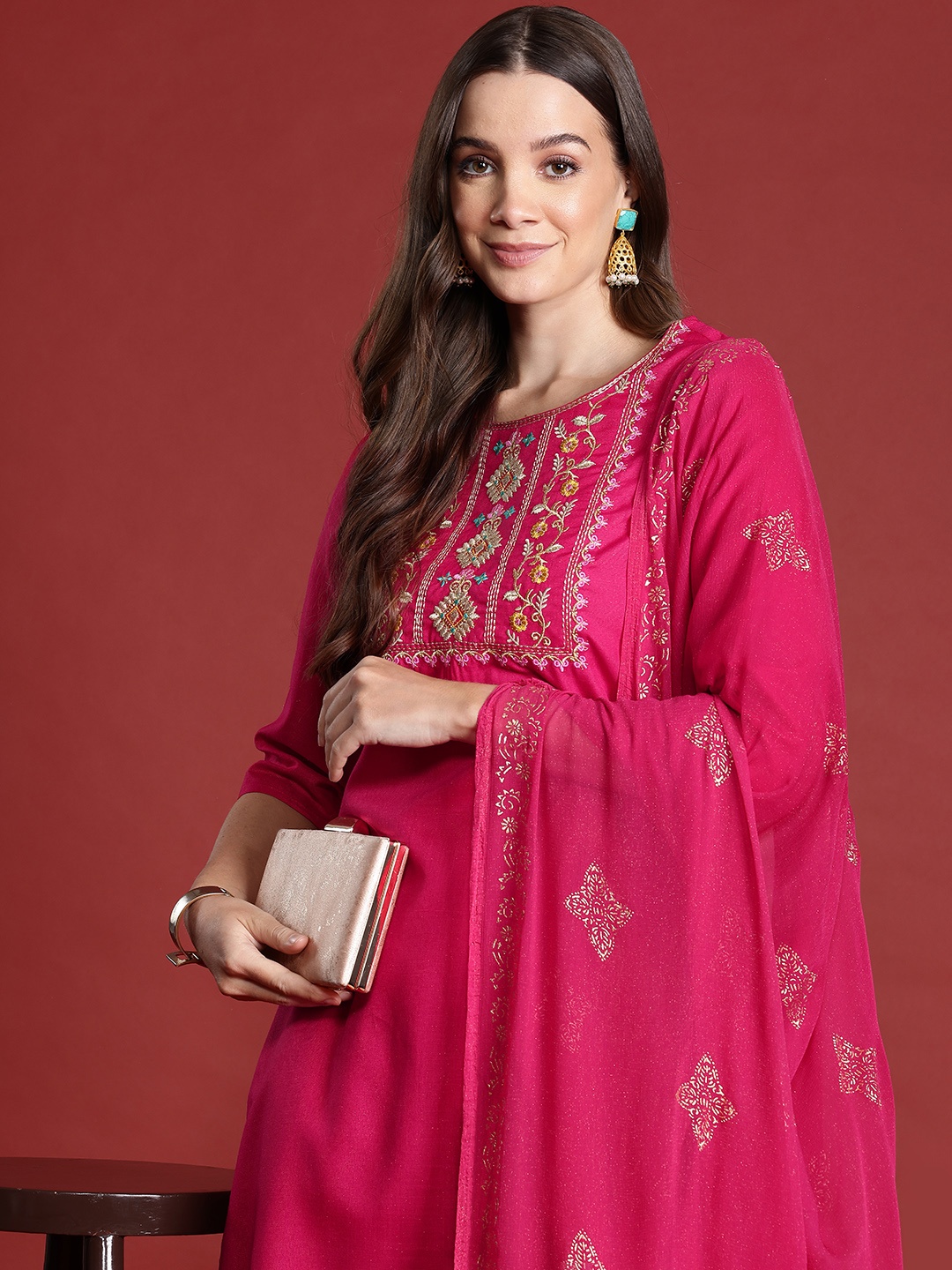 

Anouk Yoke Design Kurta with Trousers & Dupatta, Fuchsia