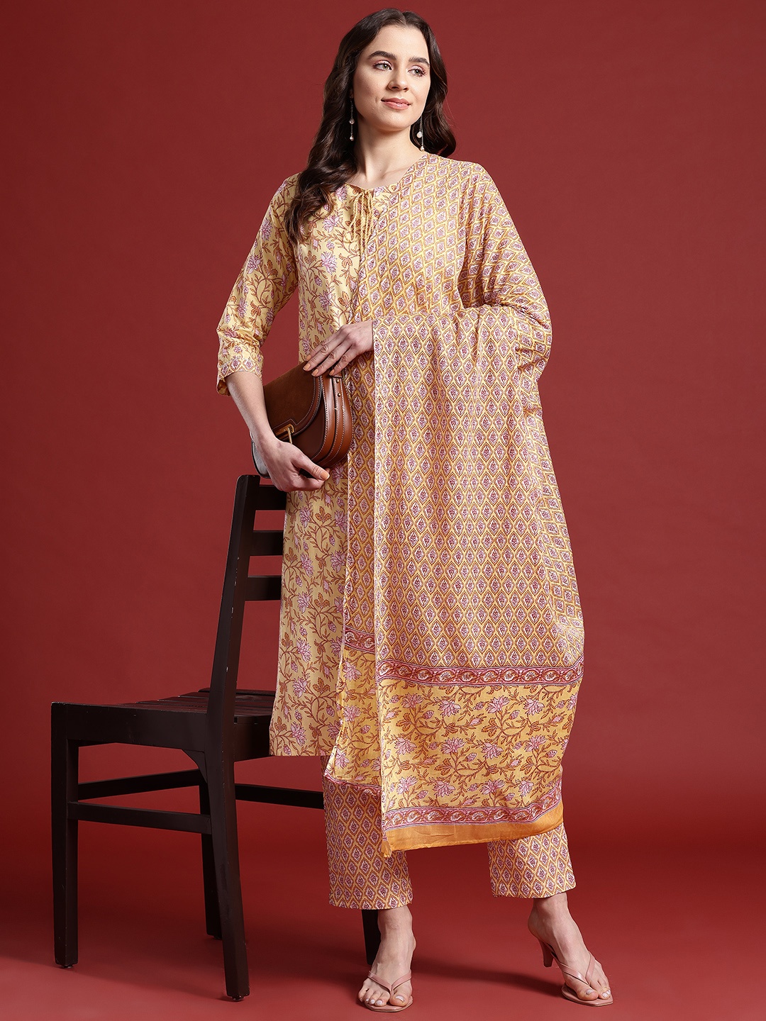 

Anouk Women Ethnic Motifs Printed Pure Cotton Kurta with Trousers & Dupatta, Yellow