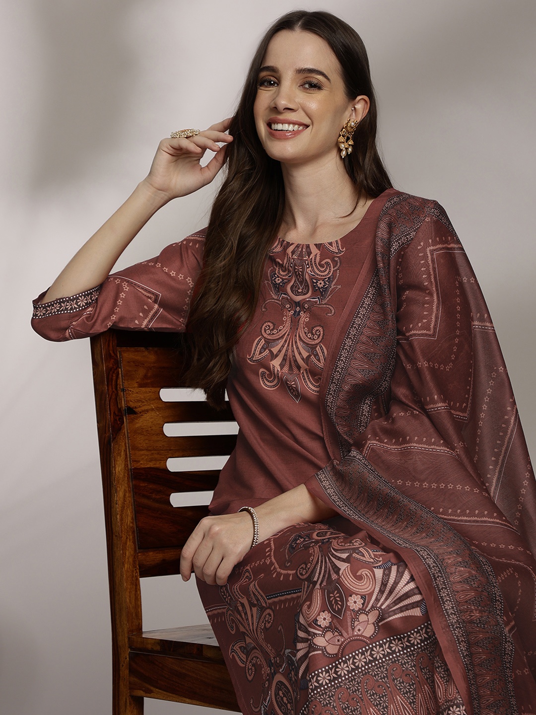 

Anouk Printed Kurta with Trousers & Dupatta, Red