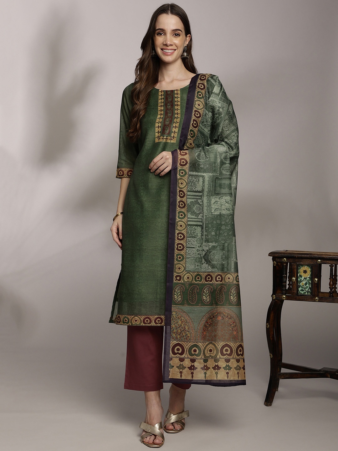 

Anouk Women Ethnic Motifs Yoke Design Kurta with Trousers & Dupatta, Green
