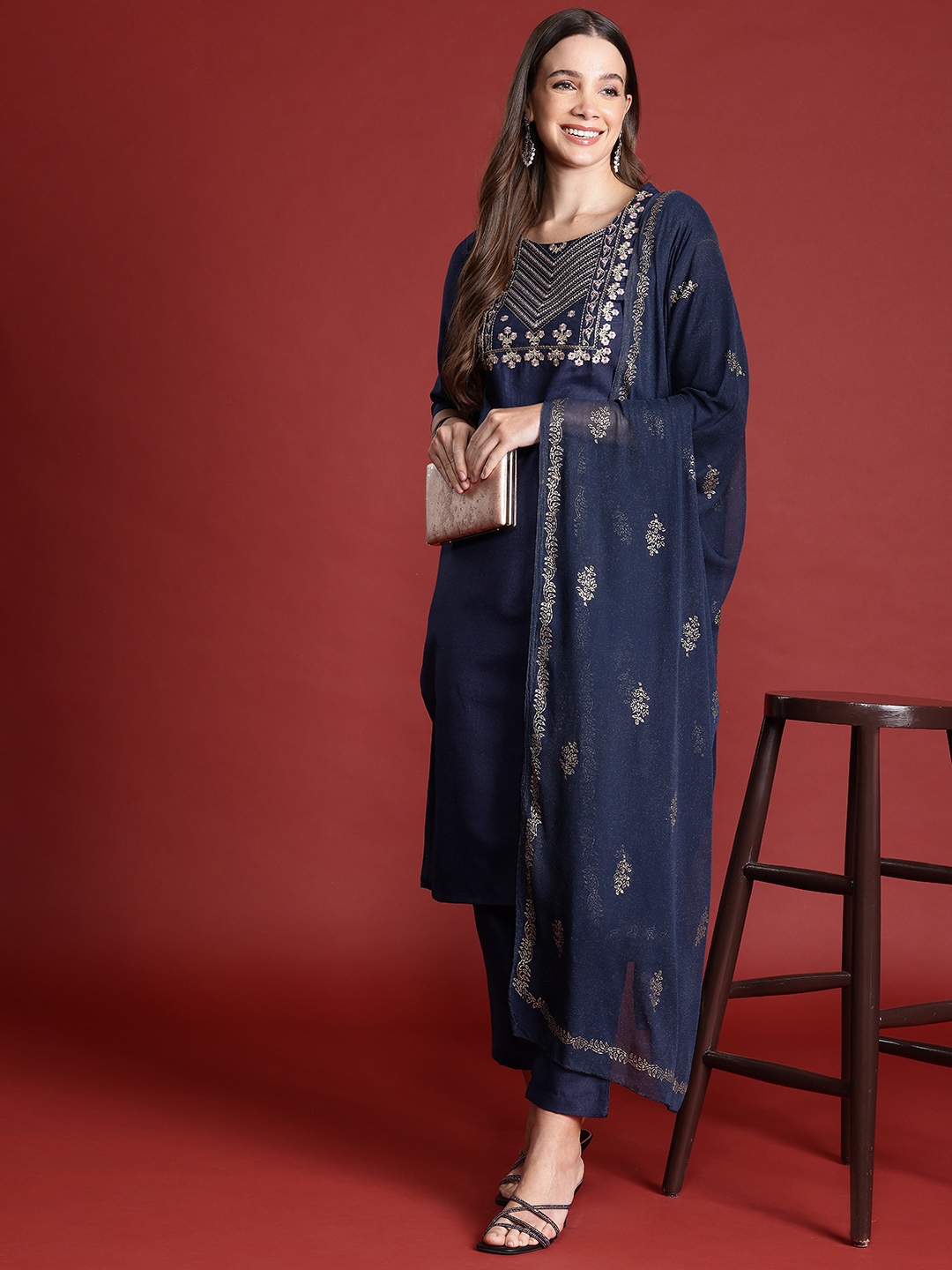 

Anouk Floral Yoke Design Kurta with Trousers & Dupatta, Navy blue