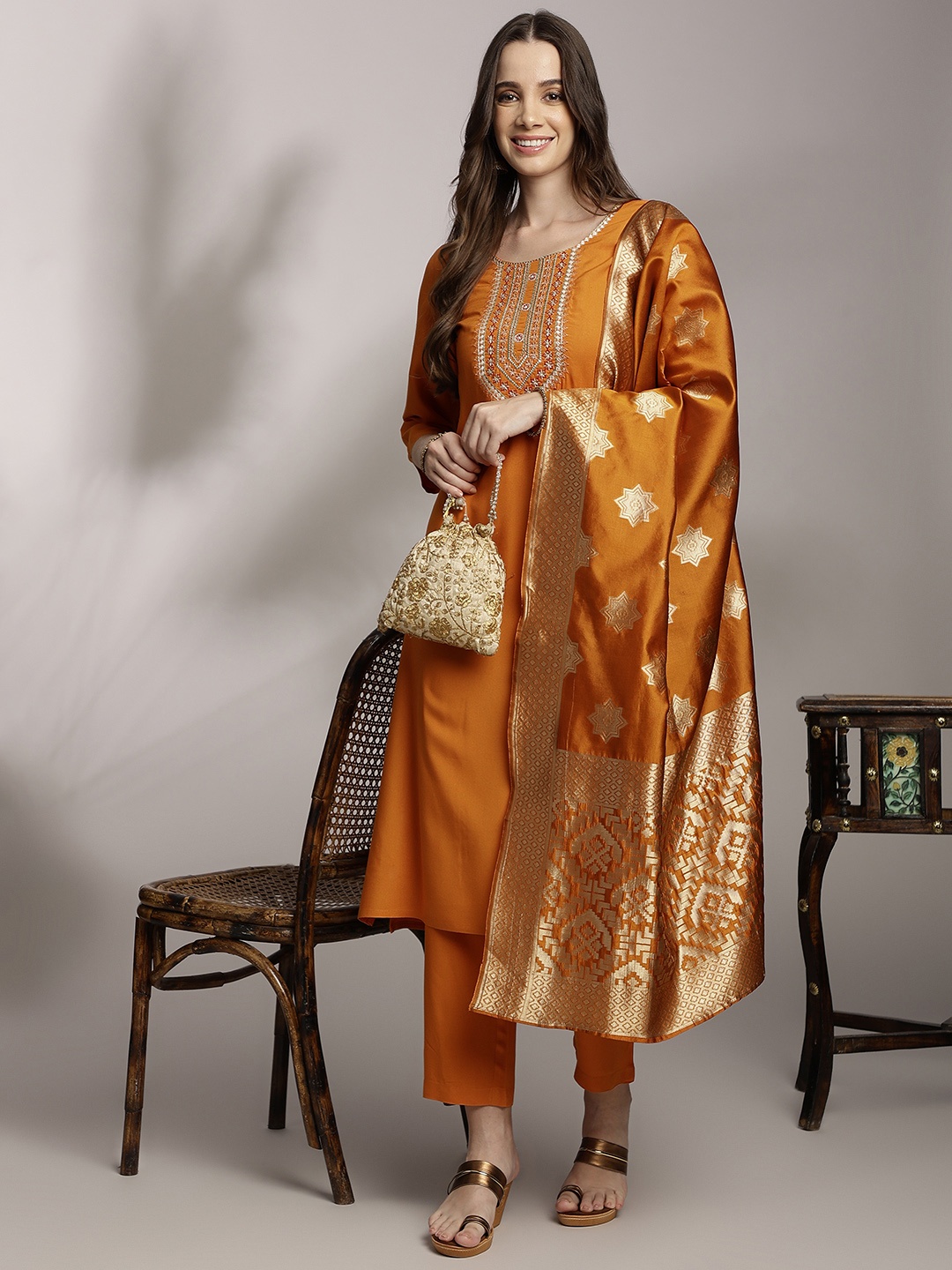 

Anouk Women Ethnic Motifs Embroidered Kurta with Trousers & Dupatta, Mustard