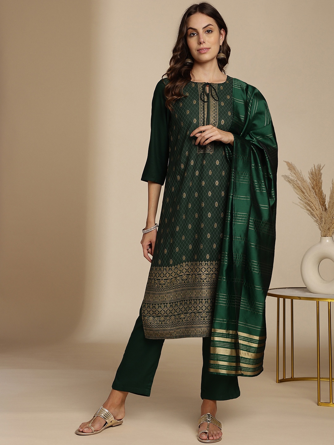 

Anouk Ethnic Motifs Print Kurta with Trousers & Dupatta, Green