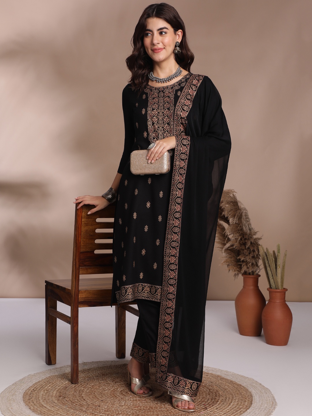 Anouk Ethnic Motifs Print Kurta with Trousers & Dupatta, Black