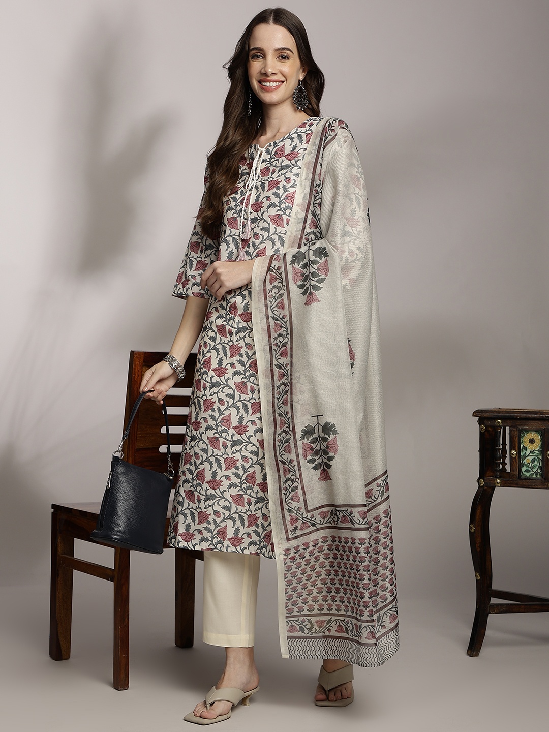 Anouk Women Floral Printed Pure Cotton Kurta with Trousers & Dupatta, Off white