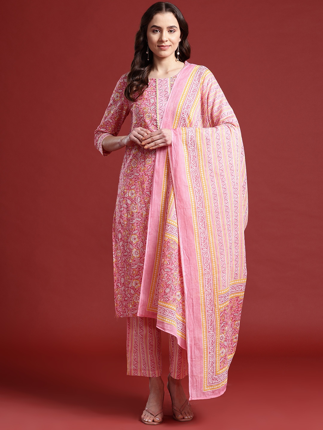 

Anouk Women Ethnic Motifs Printed Pure Cotton Kurta with Trousers & Dupatta, Pink