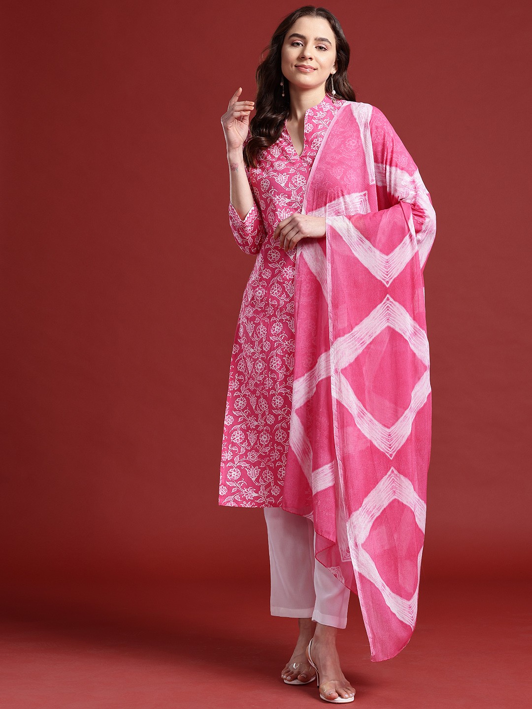 

Anouk Women Ethnic Motifs Printed Gotta Patti Pure Cotton Kurta with Trousers & Dupatta, Pink