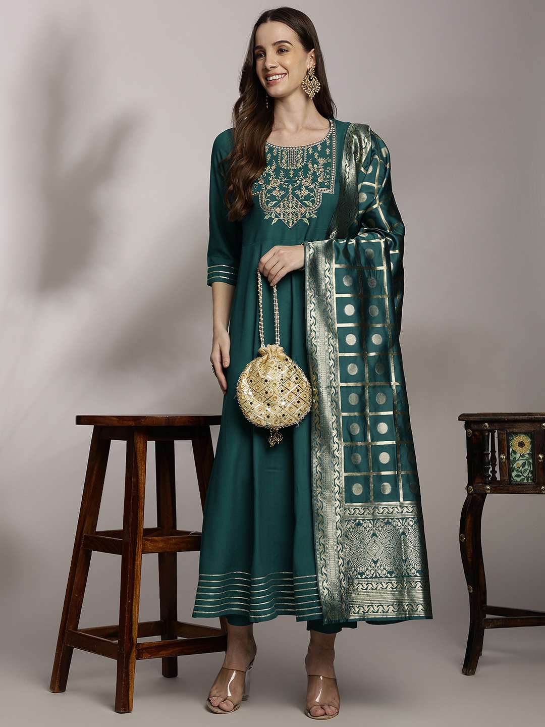 

Anouk Women Ethnic Motifs Embroidered Pleated Kurta with Trousers & Dupatta, Green