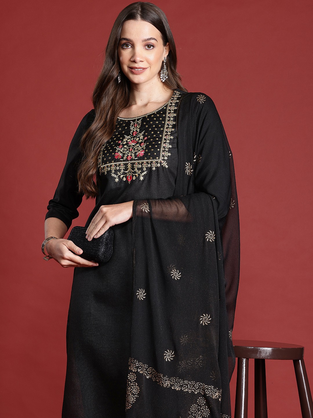 

Anouk Floral Yoke Design Kurta with Trousers & Dupatta, Black